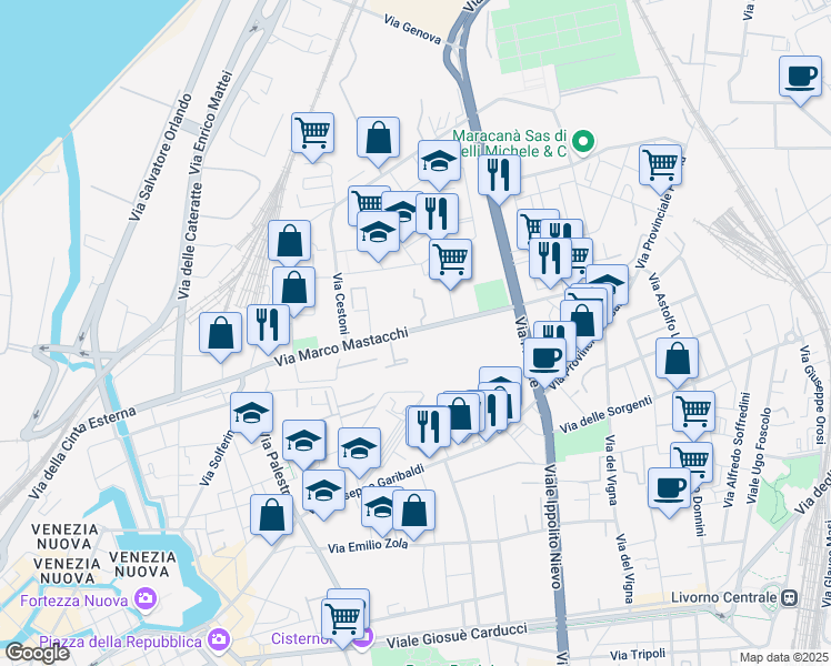 map of restaurants, bars, coffee shops, grocery stores, and more near 170 Via Marco Mastacchi in Livorno