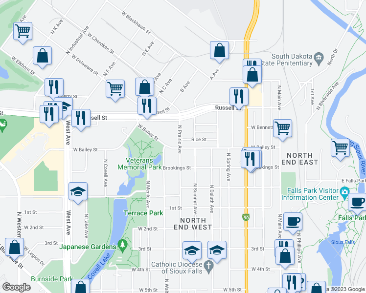 map of restaurants, bars, coffee shops, grocery stores, and more near 706 West Bailey Street in Sioux Falls