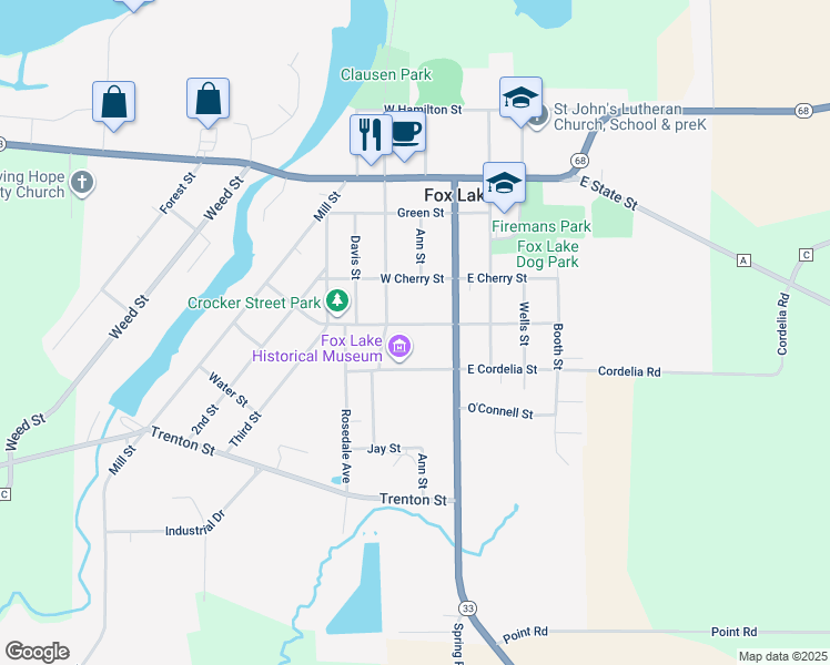 map of restaurants, bars, coffee shops, grocery stores, and more near 204 West Crocker Street in Fox Lake