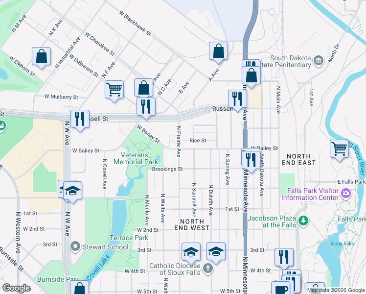 map of restaurants, bars, coffee shops, grocery stores, and more near 704 West Bailey Street in Sioux Falls