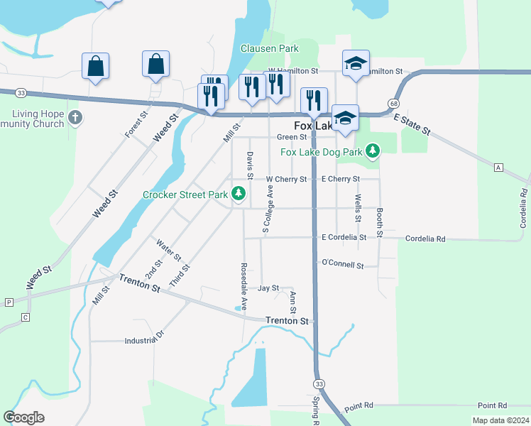 map of restaurants, bars, coffee shops, grocery stores, and more near 405 South College Avenue in Fox Lake