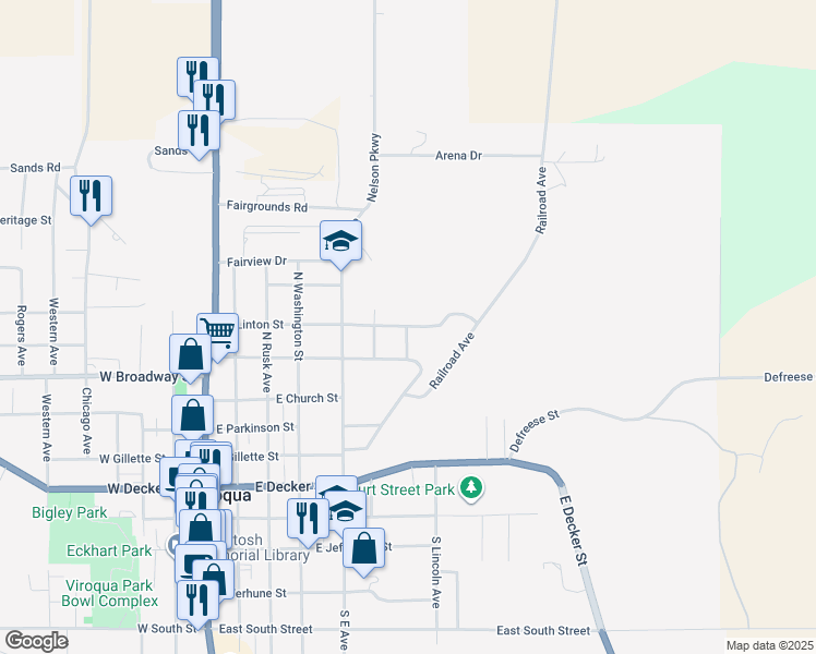 map of restaurants, bars, coffee shops, grocery stores, and more near 617 East Linton Street in Viroqua