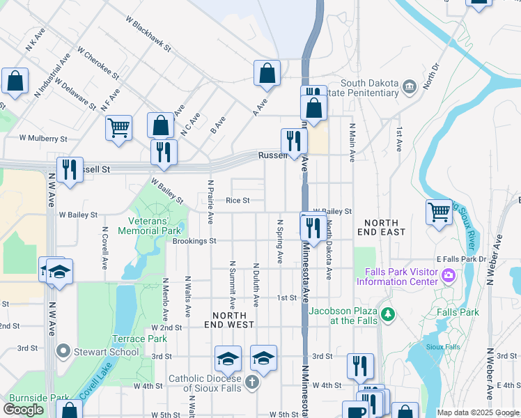 map of restaurants, bars, coffee shops, grocery stores, and more near 421-471 West Bailey Street in Sioux Falls