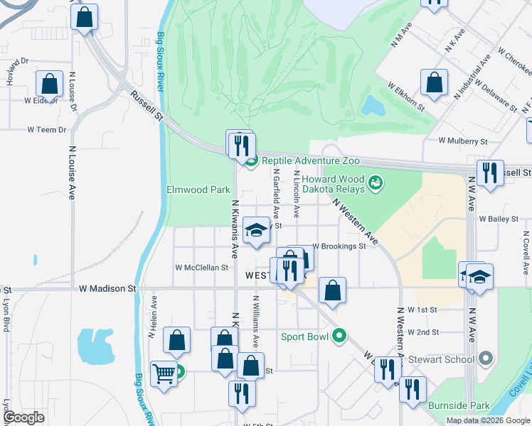 map of restaurants, bars, coffee shops, grocery stores, and more near 1301-1399 North Garfield Avenue in Sioux Falls