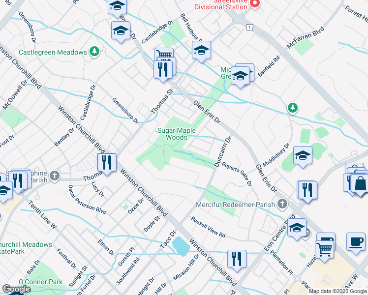 map of restaurants, bars, coffee shops, grocery stores, and more near 5490 Glen Erin Drive in Mississauga