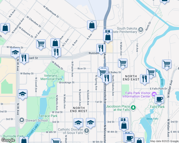 map of restaurants, bars, coffee shops, grocery stores, and more near 421-471 West Bailey Street in Sioux Falls