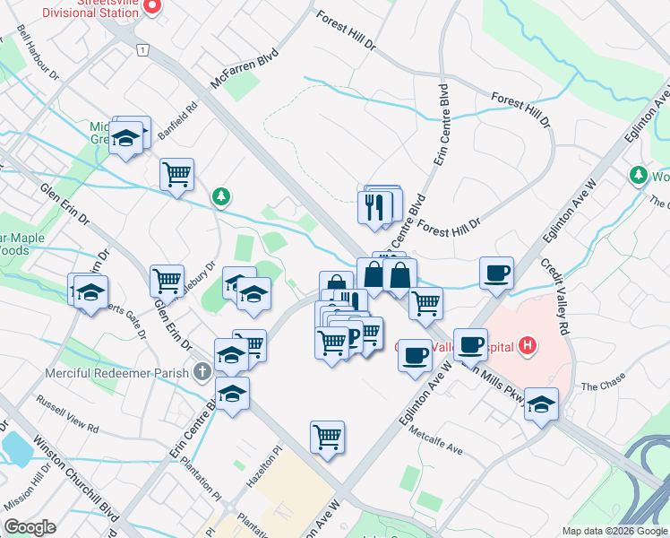 map of restaurants, bars, coffee shops, grocery stores, and more near 2565 Erin Centre Boulevard in Mississauga