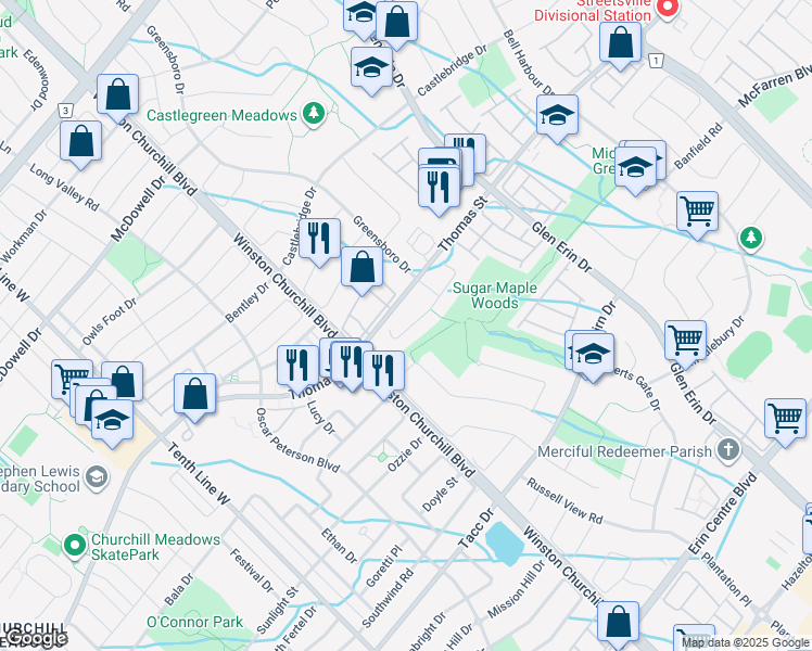 map of restaurants, bars, coffee shops, grocery stores, and more near 2905 Westbury Court in Mississauga