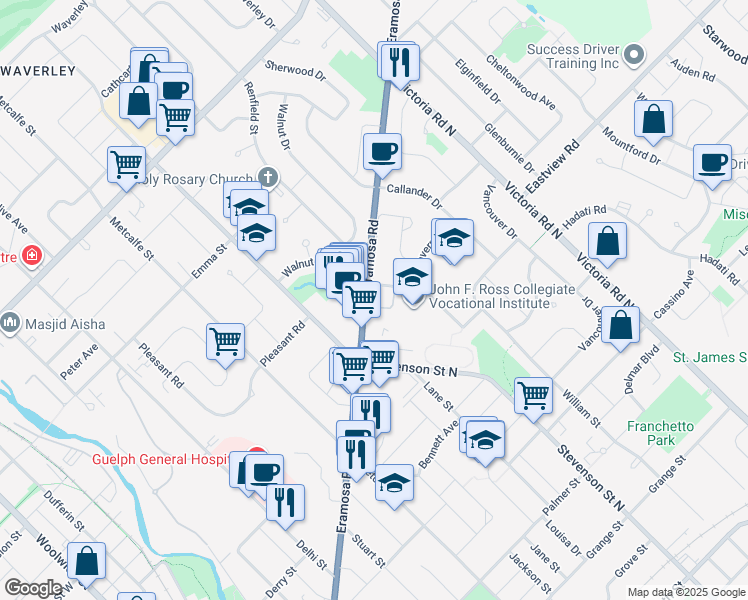 map of restaurants, bars, coffee shops, grocery stores, and more near 391 Eramosa Road in Guelph