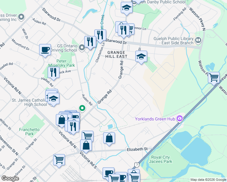 map of restaurants, bars, coffee shops, grocery stores, and more near 309 Grange Road in Guelph