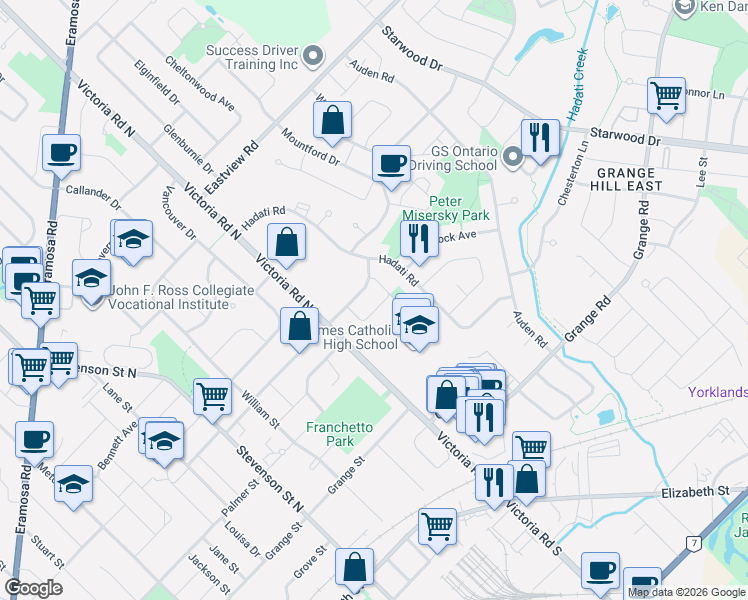 map of restaurants, bars, coffee shops, grocery stores, and more near 21 Palermo Crescent in Guelph