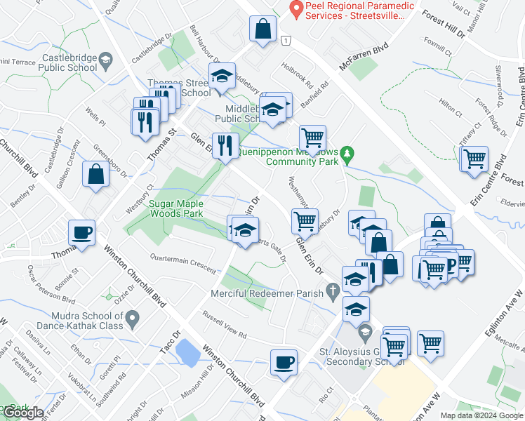 map of restaurants, bars, coffee shops, grocery stores, and more near in Mississauga