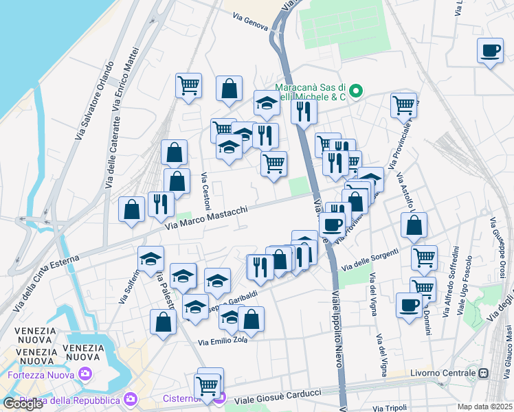 map of restaurants, bars, coffee shops, grocery stores, and more near 170 Via Marco Mastacchi in Livorno