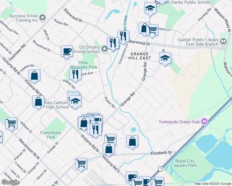 map of restaurants, bars, coffee shops, grocery stores, and more near 253 Auden Road in Guelph