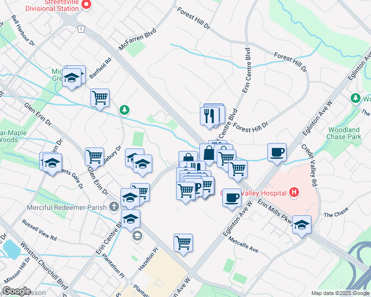 map of restaurants, bars, coffee shops, grocery stores, and more near 2565 Erin Centre Boulevard in Mississauga
