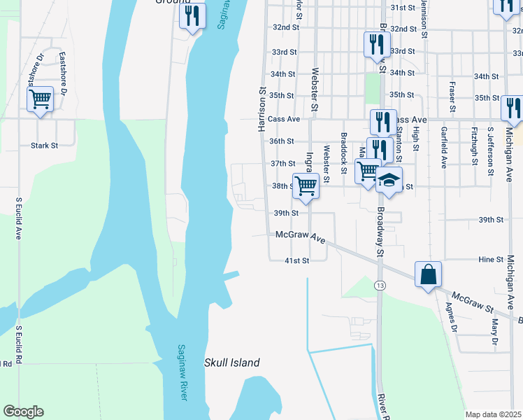 map of restaurants, bars, coffee shops, grocery stores, and more near 1020 Harrison Street in Bay City
