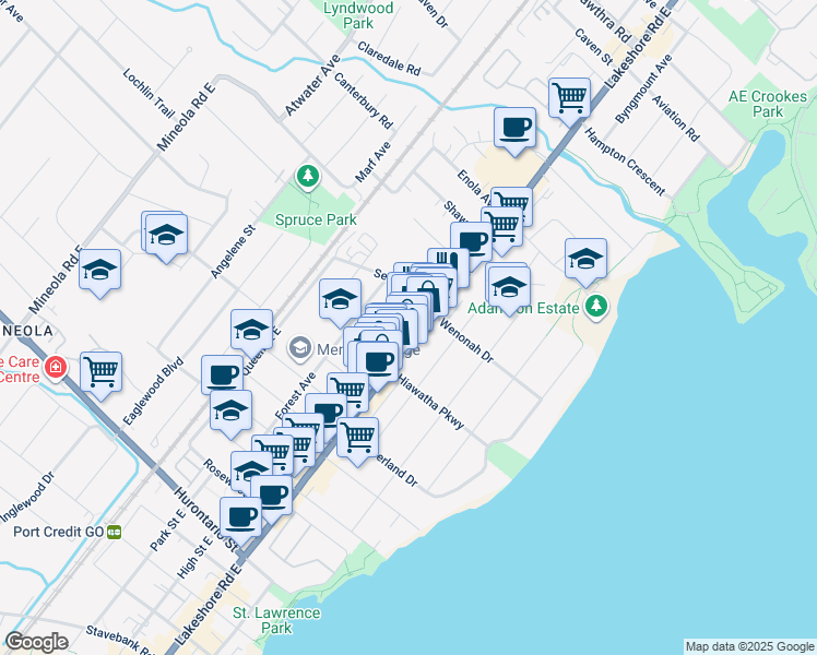 map of restaurants, bars, coffee shops, grocery stores, and more near 305 Lakeshore Road East in Mississauga