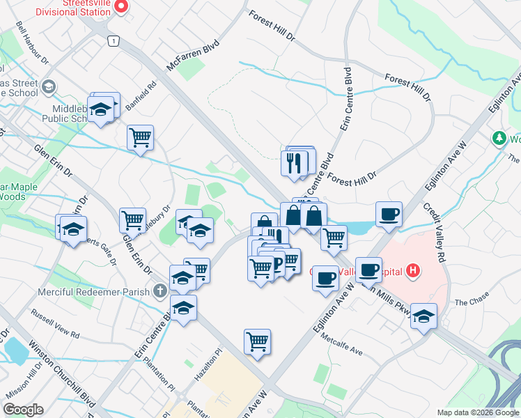 map of restaurants, bars, coffee shops, grocery stores, and more near 2565 Erin Centre Boulevard in Mississauga
