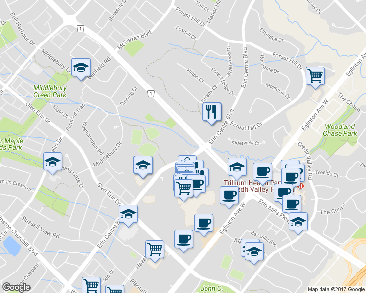 map of restaurants, bars, coffee shops, grocery stores, and more near 2585 Erin Centre Boulevard in Mississauga