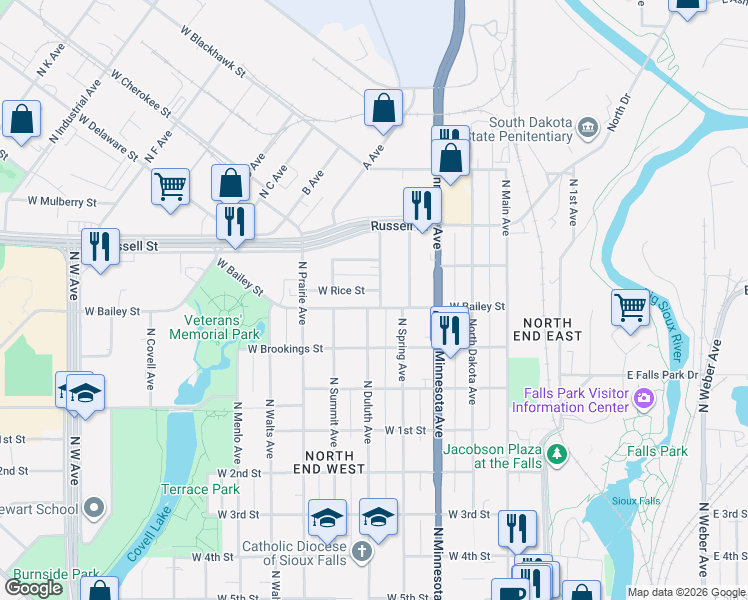 map of restaurants, bars, coffee shops, grocery stores, and more near 421-471 West Bailey Street in Sioux Falls