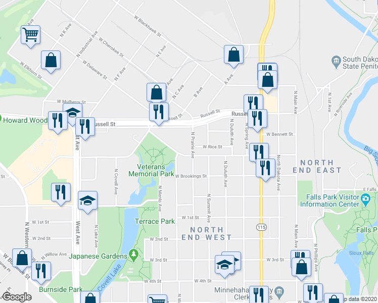 map of restaurants, bars, coffee shops, grocery stores, and more near 811 West Bailey Street in Sioux Falls