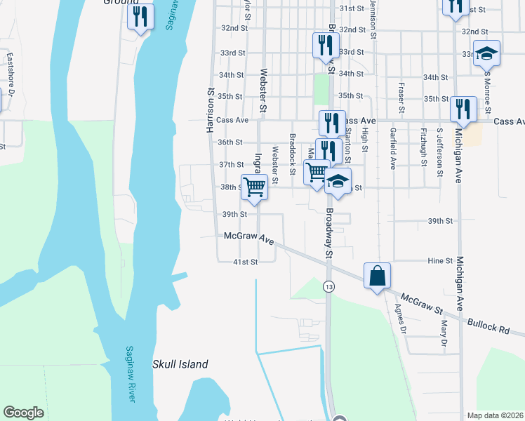 map of restaurants, bars, coffee shops, grocery stores, and more near 404 39th Street in Bay City
