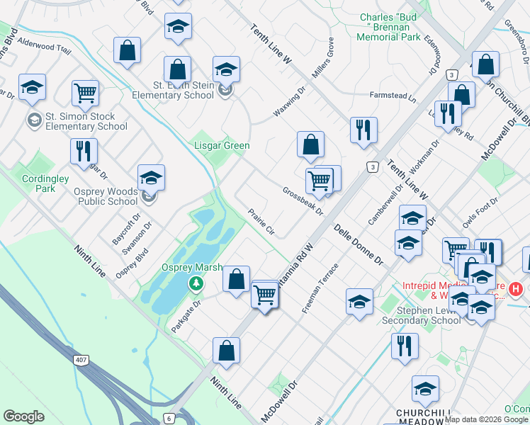 map of restaurants, bars, coffee shops, grocery stores, and more near 6059 Gemini Crescent in Mississauga