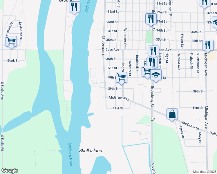 map of restaurants, bars, coffee shops, grocery stores, and more near 1020 Harrison Street in Bay City
