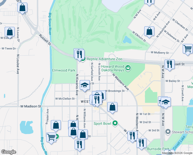 map of restaurants, bars, coffee shops, grocery stores, and more near 1300-1398 N Lincoln Ave in Sioux Falls