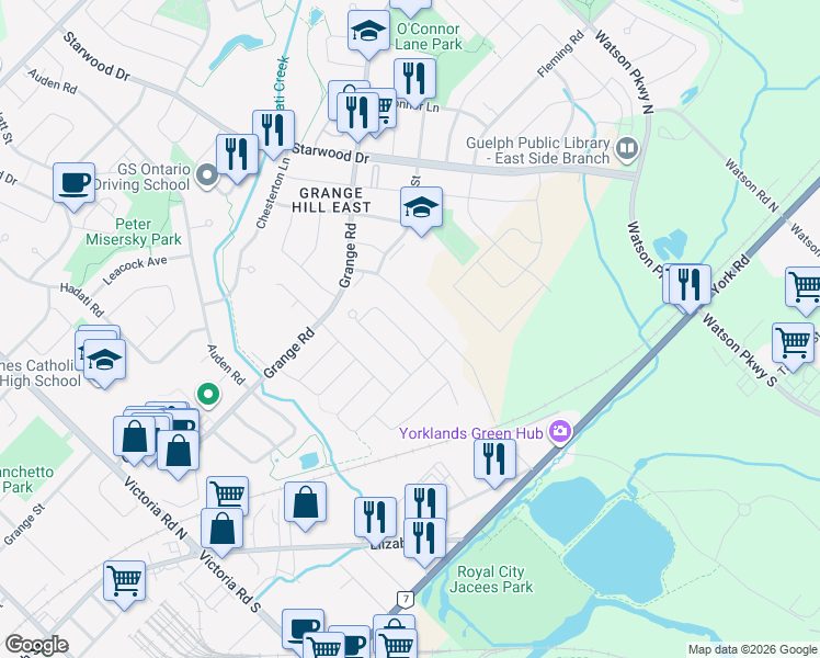 map of restaurants, bars, coffee shops, grocery stores, and more near 102 Oakes Crescent in Guelph
