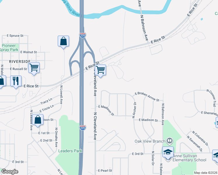 map of restaurants, bars, coffee shops, grocery stores, and more near 1301-1399 North Archer Drive in Sioux Falls