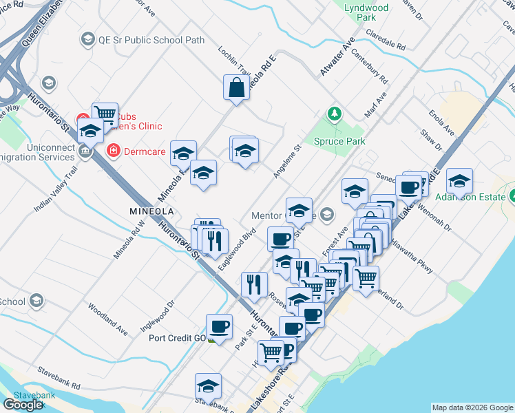 map of restaurants, bars, coffee shops, grocery stores, and more near 126 Angelene Street in Mississauga
