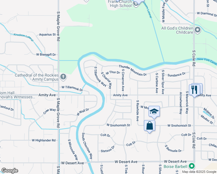 map of restaurants, bars, coffee shops, grocery stores, and more near 4497 South Chariot Way in Boise