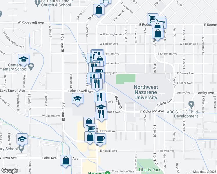 map of restaurants, bars, coffee shops, grocery stores, and more near 714 Nectarine Street in Nampa