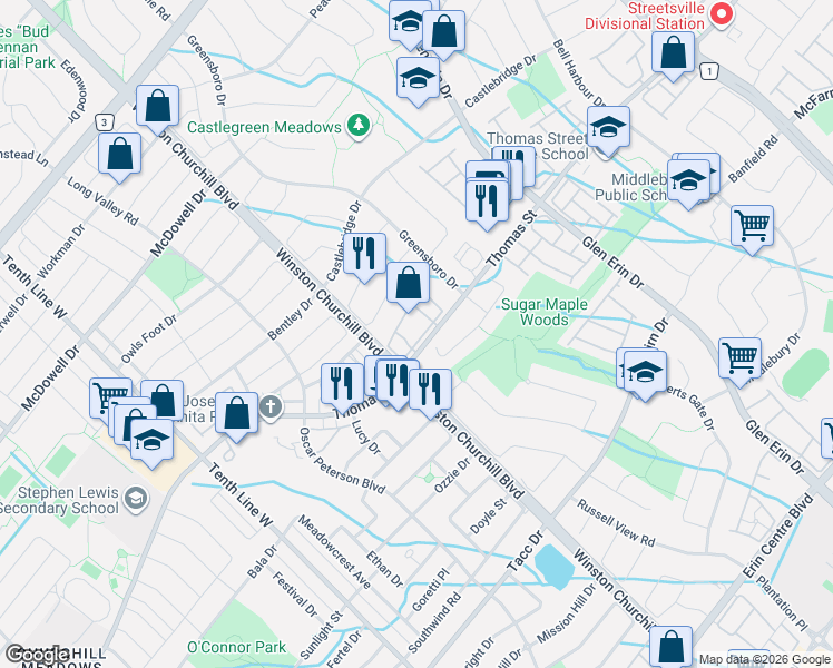 map of restaurants, bars, coffee shops, grocery stores, and more near 2955 Thomas Street in Mississauga