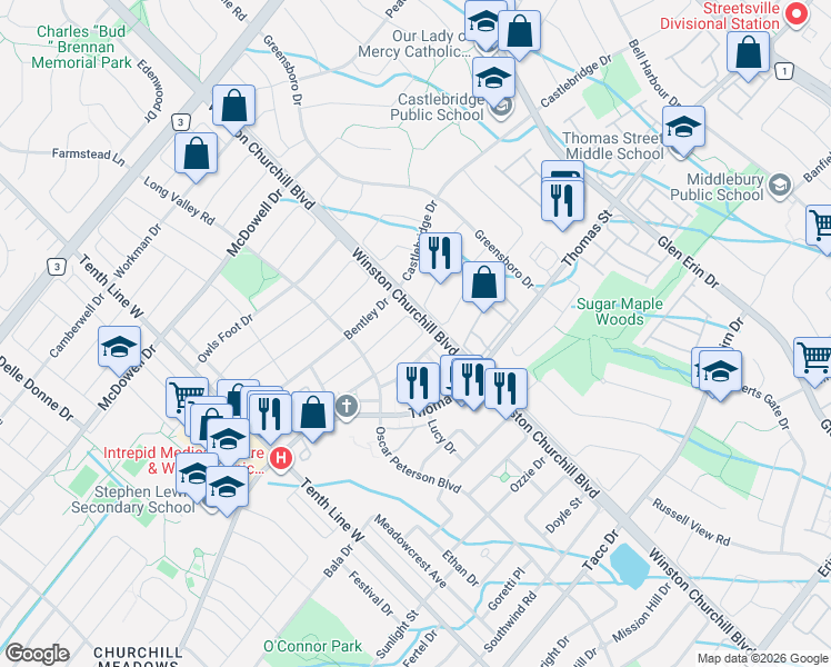 map of restaurants, bars, coffee shops, grocery stores, and more near 3091 Turbine Crescent in Mississauga