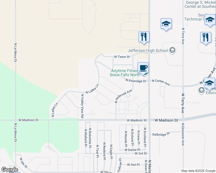 map of restaurants, bars, coffee shops, grocery stores, and more near West Hemlock Drive in Sioux Falls