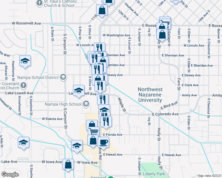 map of restaurants, bars, coffee shops, grocery stores, and more near 712 Nectarine Street in Nampa