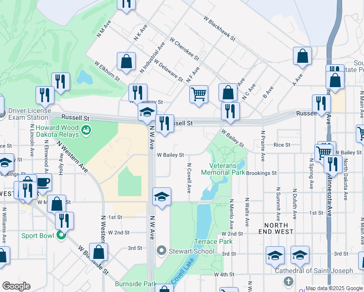 map of restaurants, bars, coffee shops, grocery stores, and more near 1200 West Bailey Street in Sioux Falls