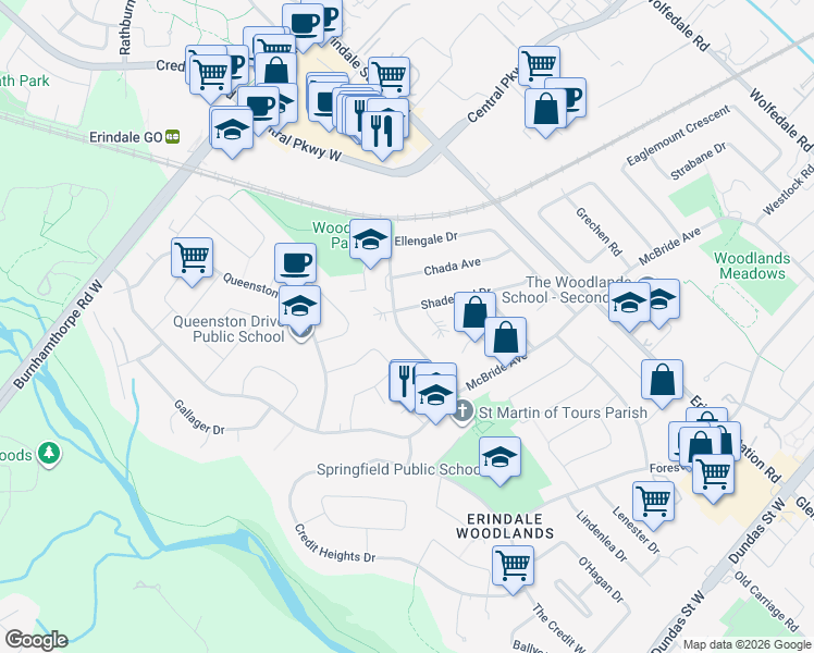 map of restaurants, bars, coffee shops, grocery stores, and more near 3421 Ellengale Drive in Mississauga