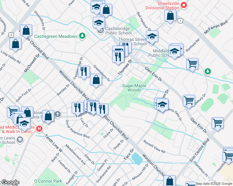 map of restaurants, bars, coffee shops, grocery stores, and more near 2870 Westbury Court in Mississauga