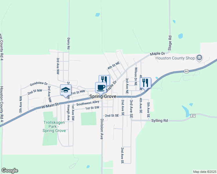 map of restaurants, bars, coffee shops, grocery stores, and more near 129 Maple Drive in Spring Grove