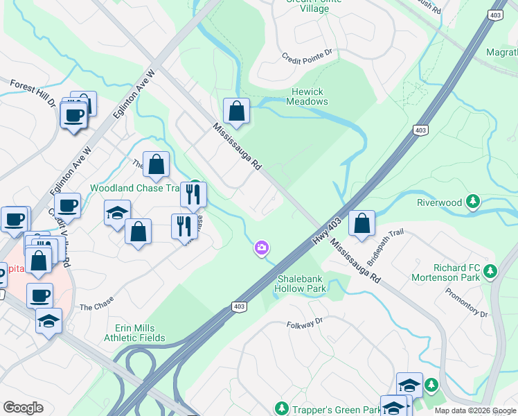 map of restaurants, bars, coffee shops, grocery stores, and more near 2058 Queensborough Gate in Mississauga