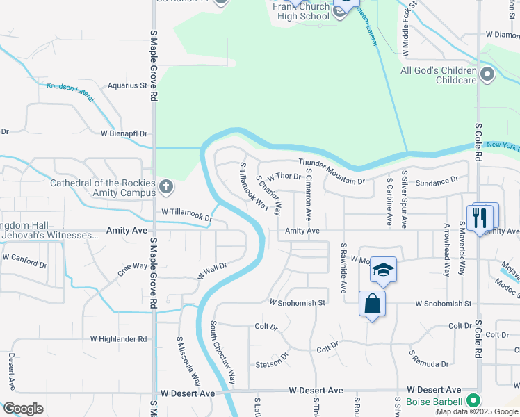 map of restaurants, bars, coffee shops, grocery stores, and more near 4437 South Tillamook Way in Boise