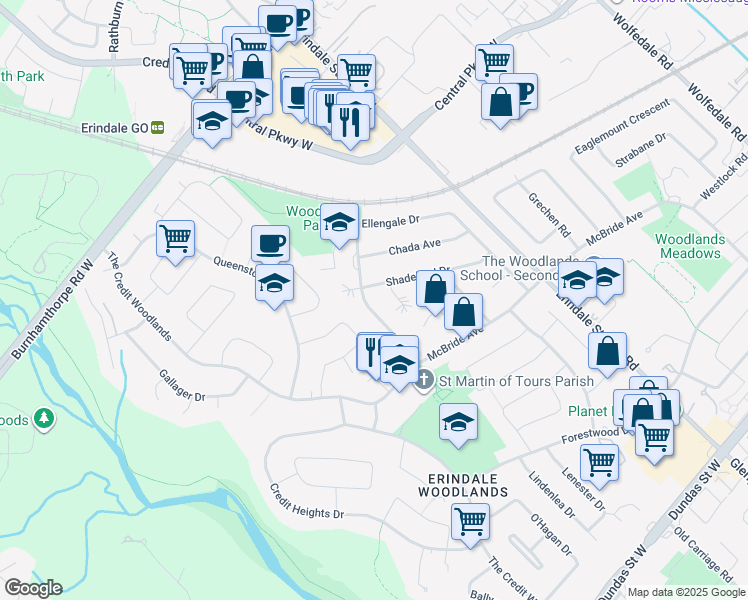map of restaurants, bars, coffee shops, grocery stores, and more near in Mississauga
