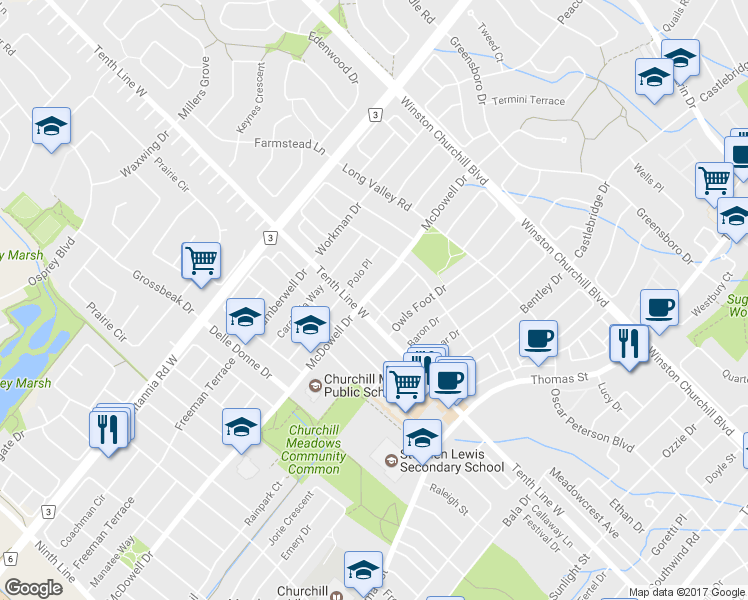 map of restaurants, bars, coffee shops, grocery stores, and more near in Mississauga