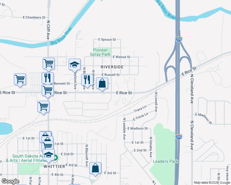 map of restaurants, bars, coffee shops, grocery stores, and more near 1300-1398 North Jessica Avenue in Sioux Falls