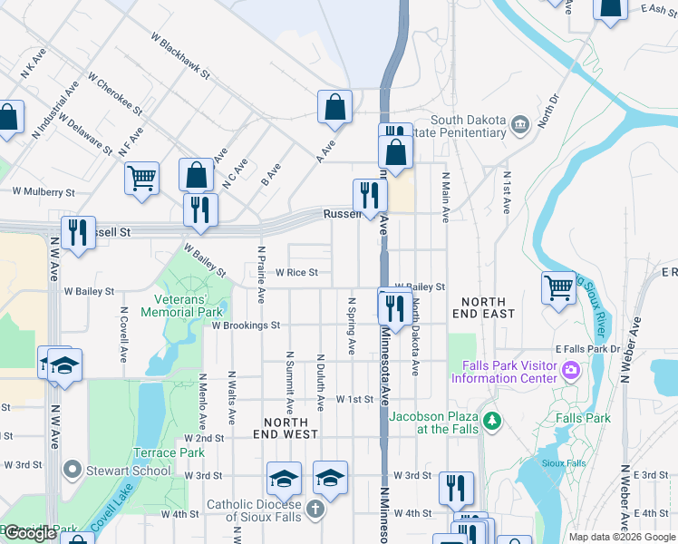 map of restaurants, bars, coffee shops, grocery stores, and more near 421-471 West Bailey Street in Sioux Falls