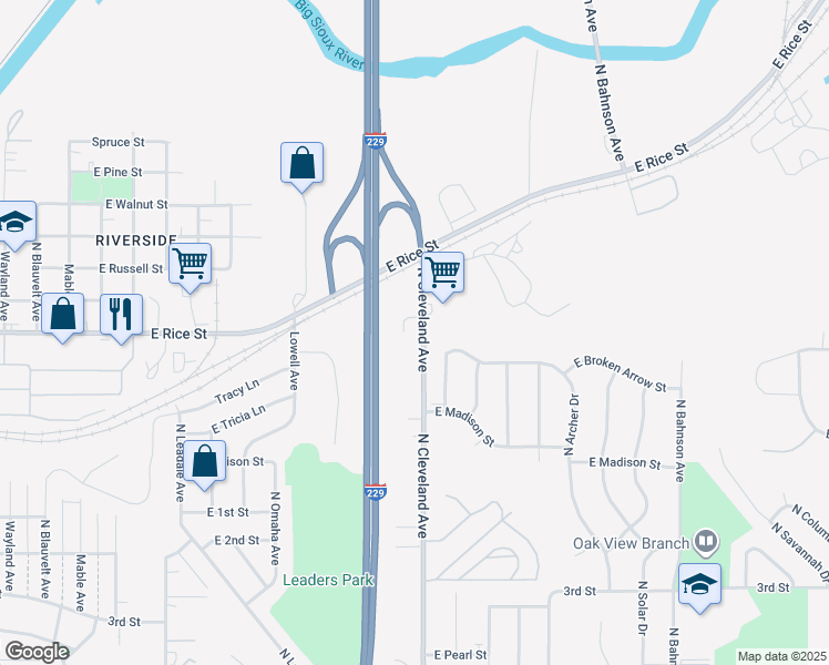 map of restaurants, bars, coffee shops, grocery stores, and more near 1401 North Cleveland Avenue in Sioux Falls