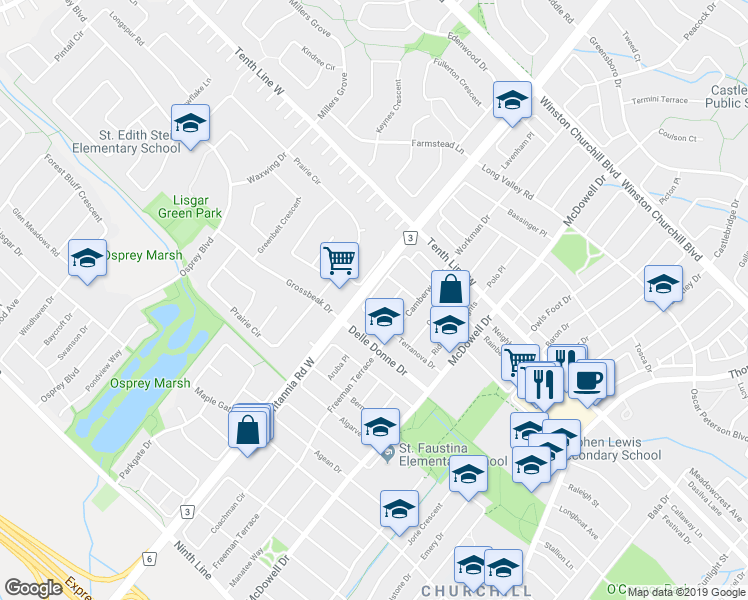 map of restaurants, bars, coffee shops, grocery stores, and more near 3324 Equestrian Crescent in Mississauga